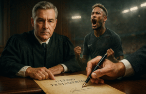 "Neymar comemorando, homem assinando testamento"