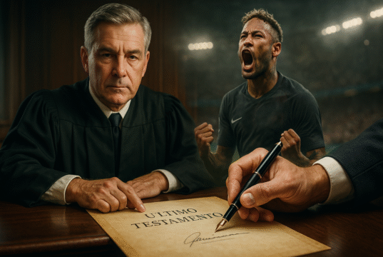 "Neymar comemorando, homem assinando testamento"